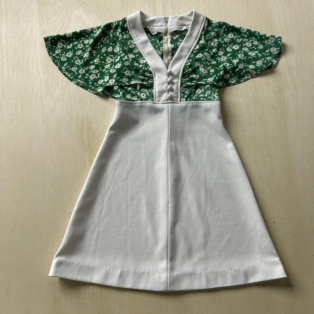 Vintage Patricia Fair Dress Girls 5 White Green Floral Flutter Sleeve A-Line